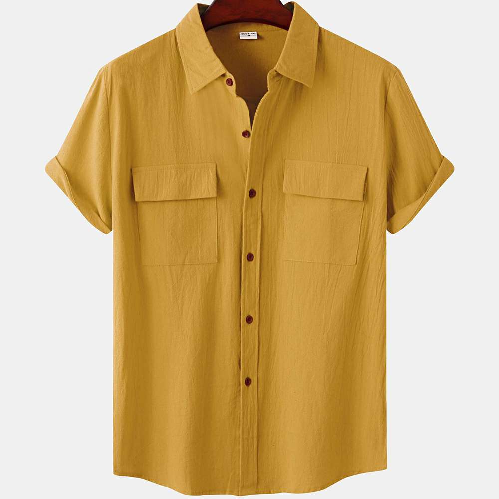 Solid color double pocket linen short sleeve shirt for men Solid color double pocket linen short sleeve shirt for men