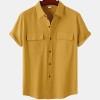 Solid color double pocket linen short sleeve shirt for men Solid color double pocket linen short sleeve shirt for men