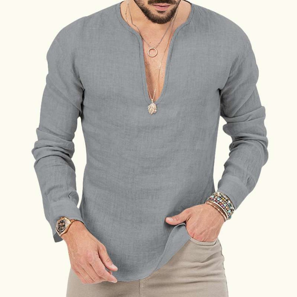 Cotton linen deep v-neck solid color large size long-sleeved T-shirt shirt Cotton linen deep v-neck solid color large size long-sleeved T-shirt shirt