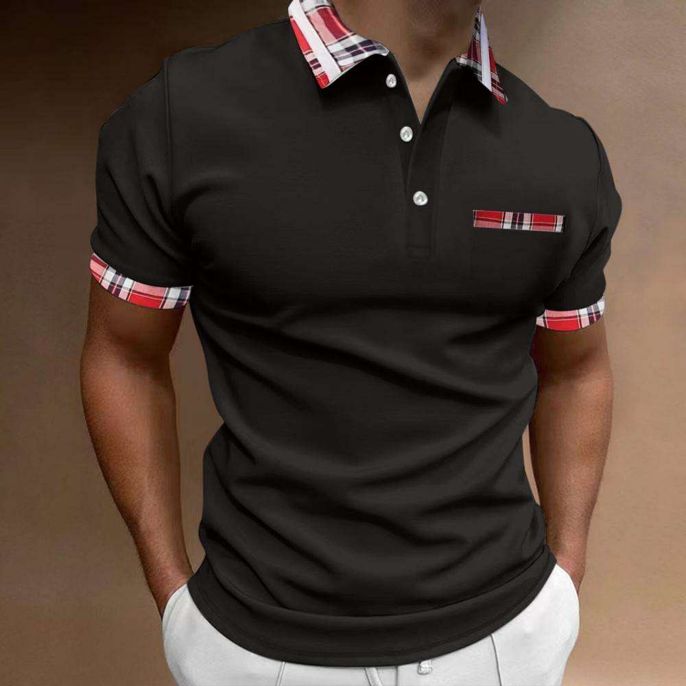 Men's short sleeve polo shirt with check and color block pattern P1043