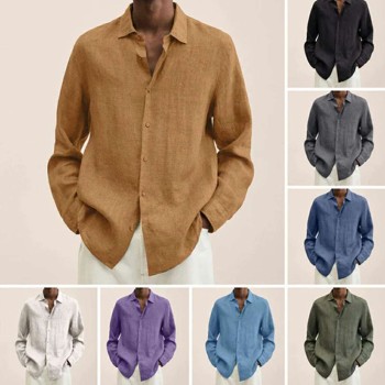 New loose solid color cotton and linen shirt for men