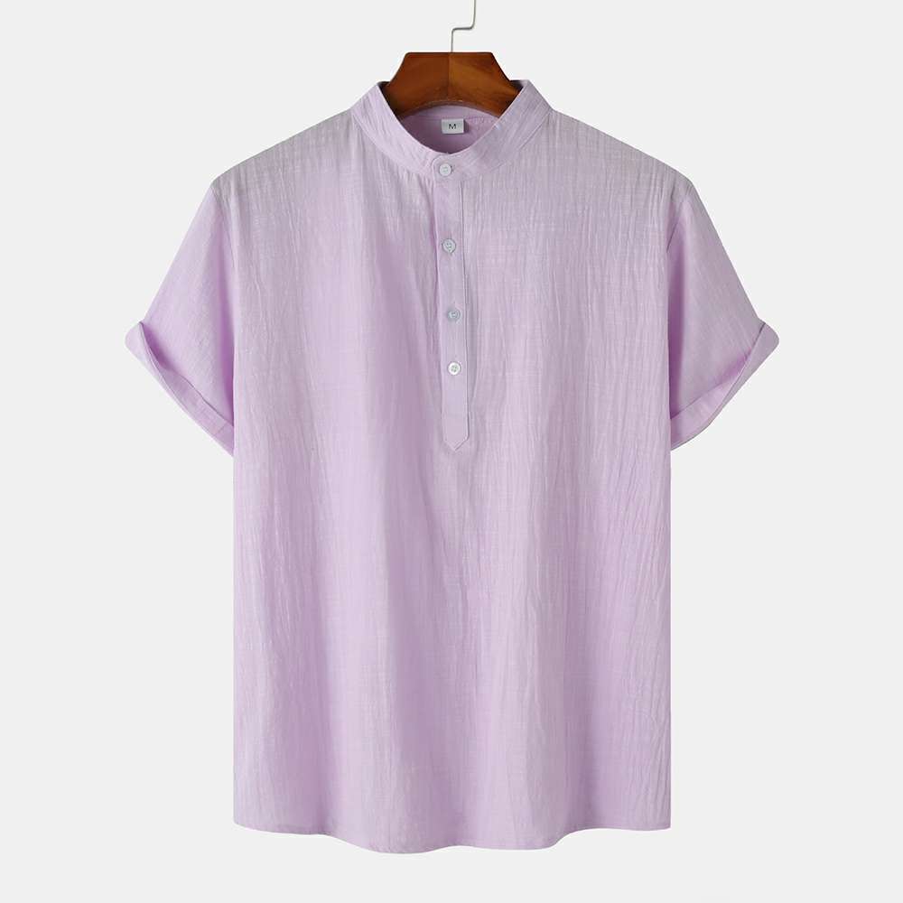 Cotton Linen Stand Collar Casual Short Sleeve Shirt Beach T-Shirt Cotton Linen Stand Collar Casual Short Sleeve Shirt Beach T-Shirt