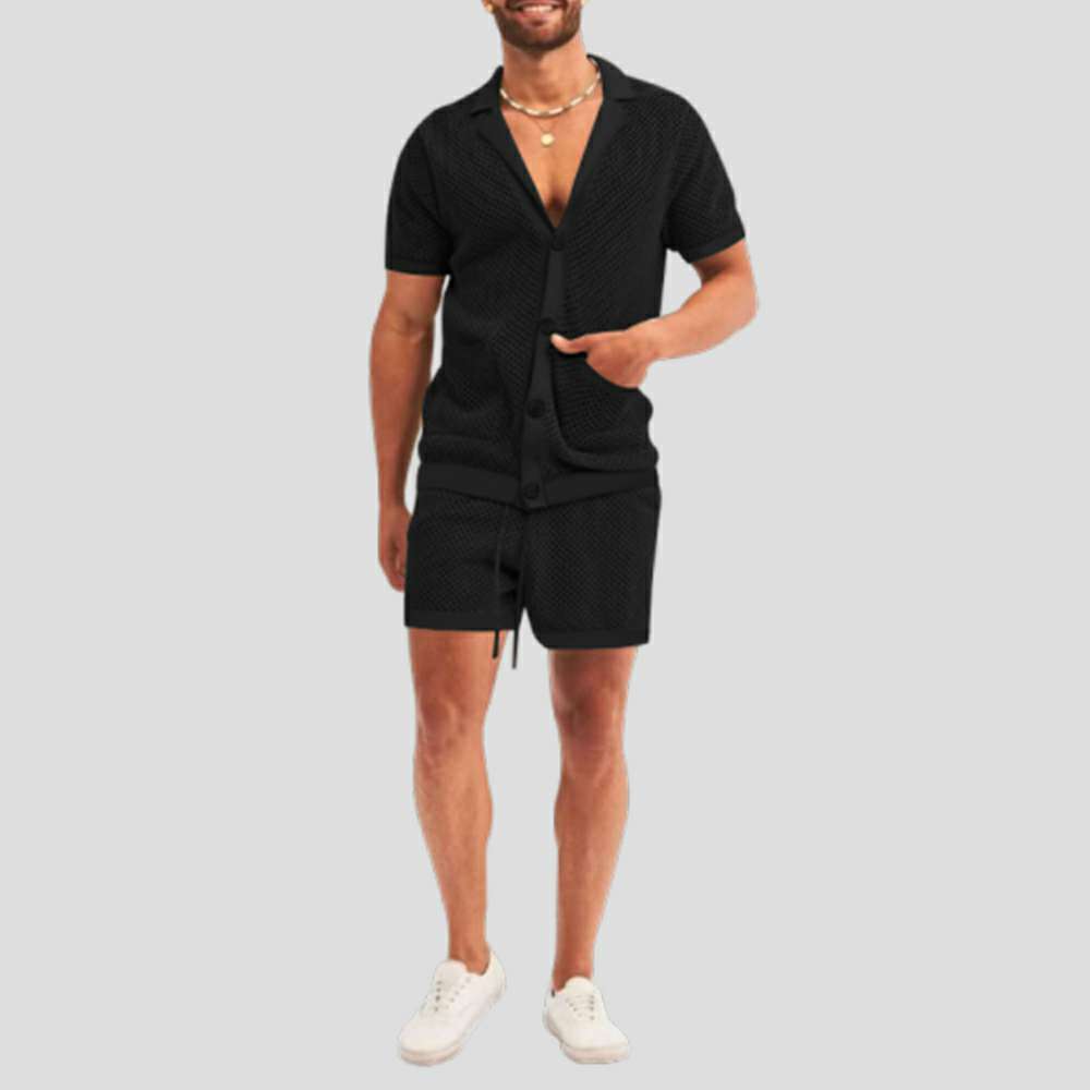 Summer new men's hollow icy breathable casual thin short-sleeved shorts suit Summer new men's hollow icy breathable casual thin short-sleeved shorts suit