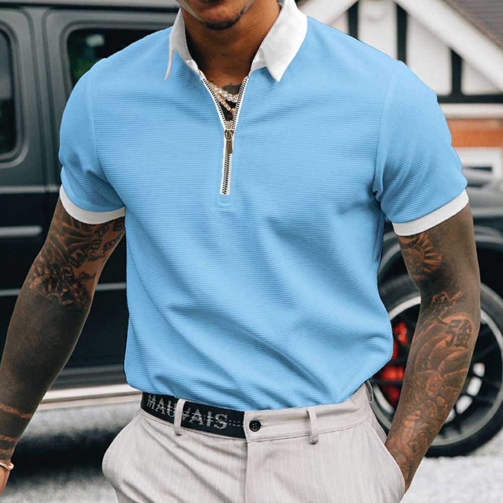 Men's Solid Color Zipper Lapel Polo T-Shirt