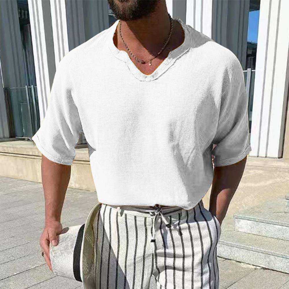 Summer new men's solid color V-neck cotton and linen short sleeves Summer new men's solid color V-neck cotton and linen short sleeves