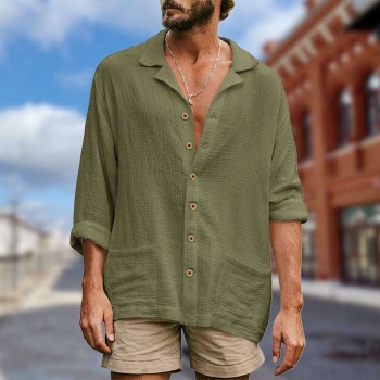 Summer new men's loose casual lapel long-sleeved shirt