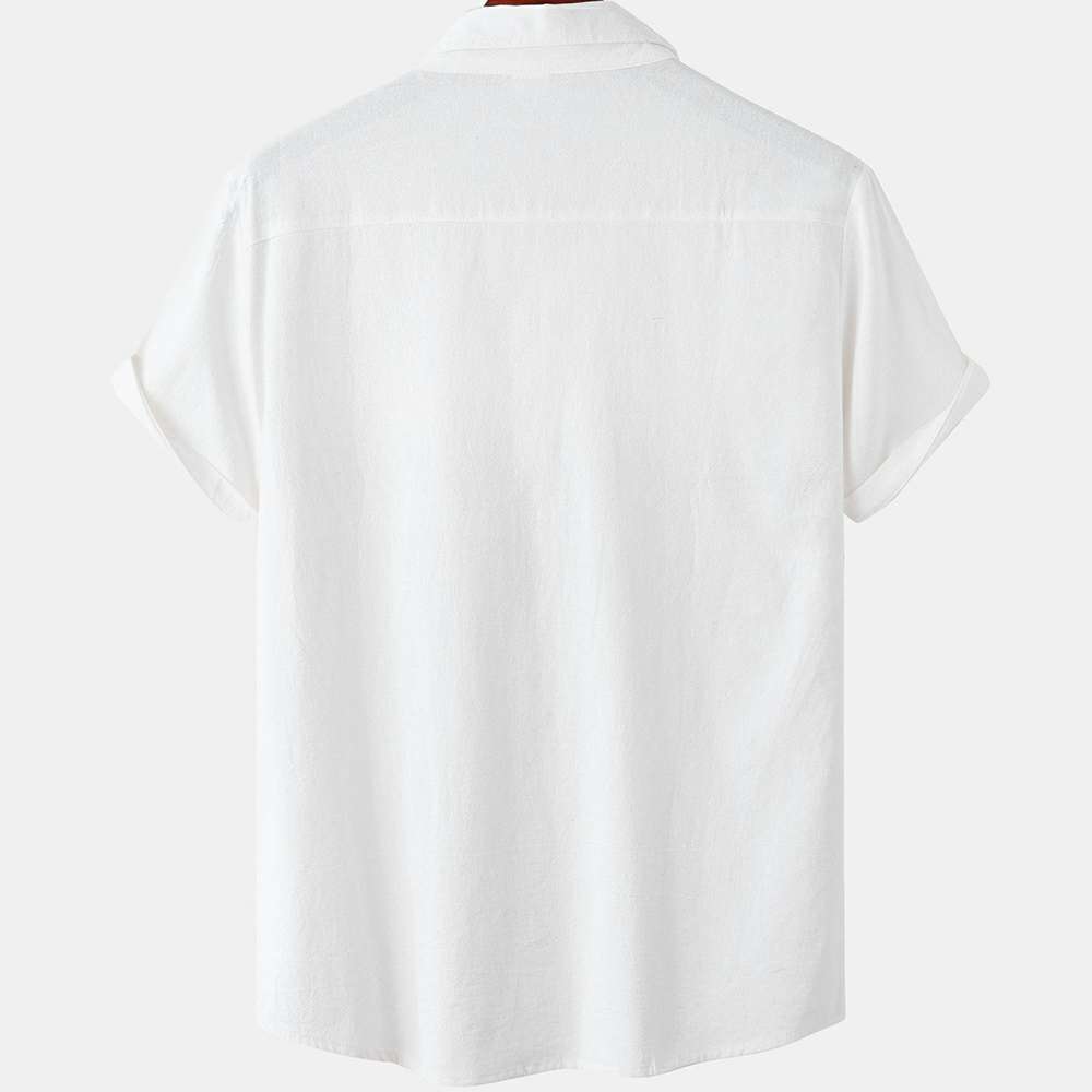 Solid color double pocket linen short sleeve shirt for men Solid color double pocket linen short sleeve shirt for men