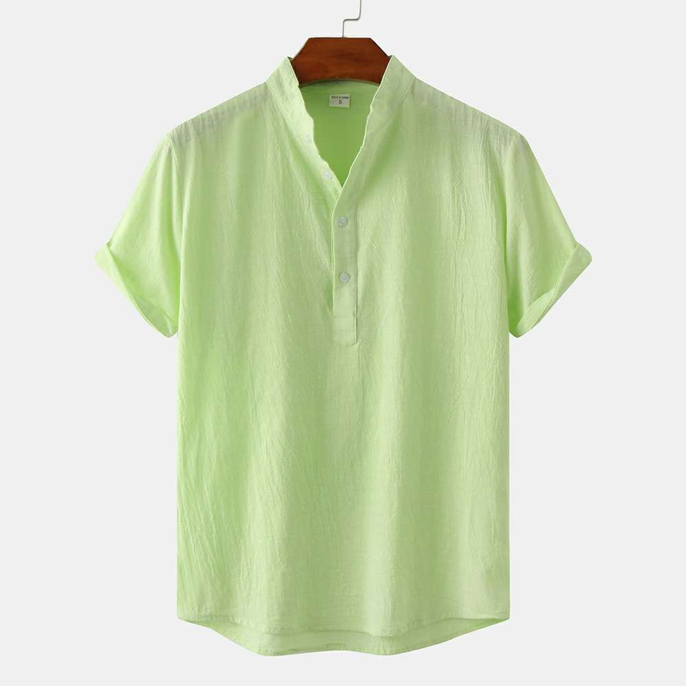 Cotton Linen Stand Collar Casual Short Sleeve Shirt Beach T-Shirt Cotton Linen Stand Collar Casual Short Sleeve Shirt Beach T-Shirt