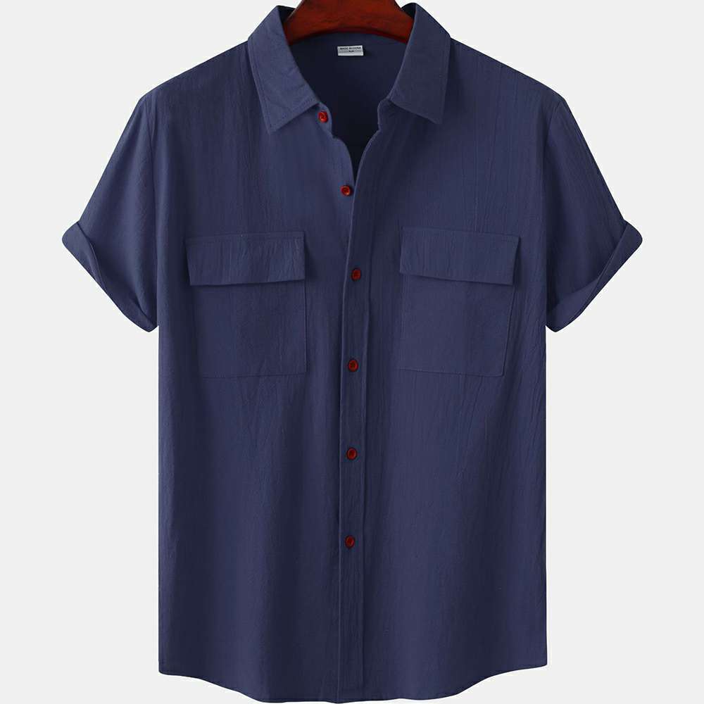 Solid color double pocket linen short sleeve shirt for men Solid color double pocket linen short sleeve shirt for men