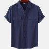 Solid color double pocket linen short sleeve shirt for men Solid color double pocket linen short sleeve shirt for men