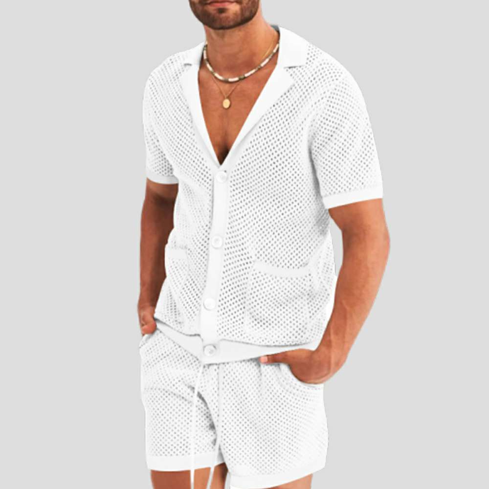 Summer new men's hollow icy breathable casual thin short-sleeved shorts suit Summer new men's hollow icy breathable casual thin short-sleeved shorts suit