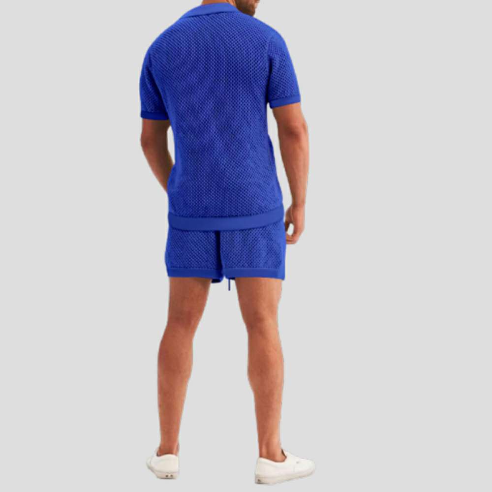 Summer new men's hollow icy breathable casual thin short-sleeved shorts suit Summer new men's hollow icy breathable casual thin short-sleeved shorts suit