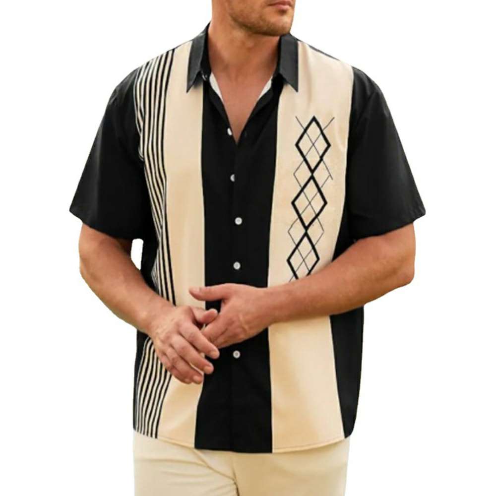 Summer new men's lapel striped printed short-sleeved shirt Summer new men's lapel striped printed short-sleeved shirt