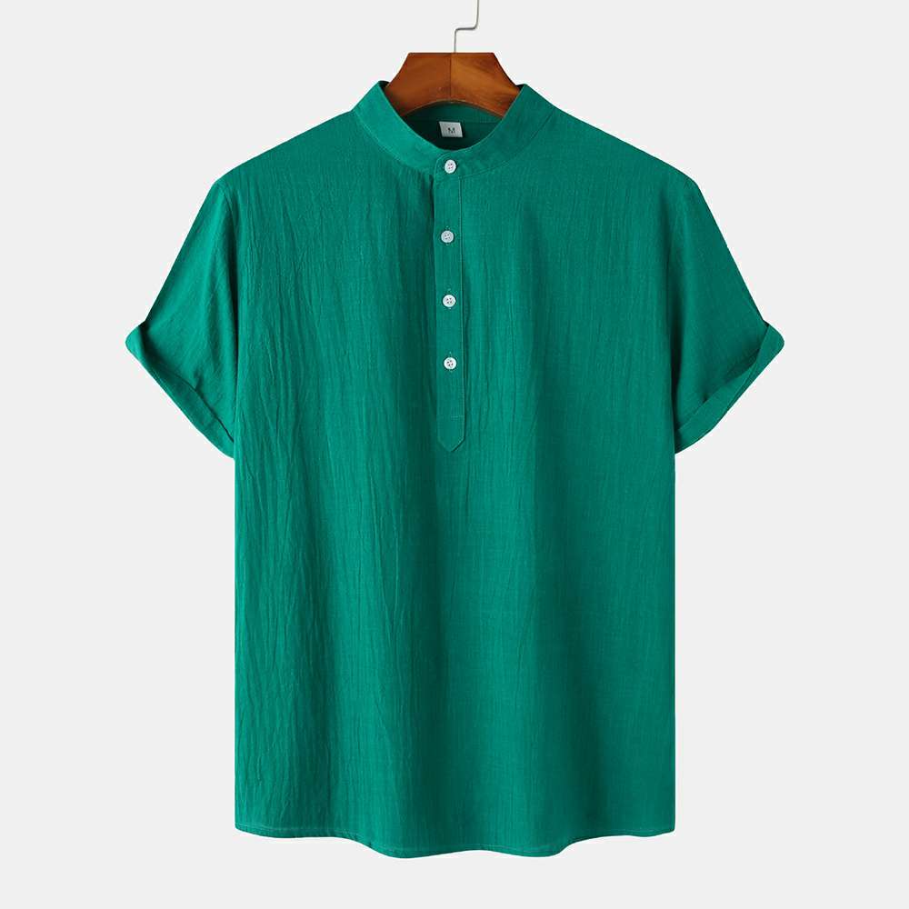 Cotton Linen Stand Collar Casual Short Sleeve Shirt Beach T-Shirt Cotton Linen Stand Collar Casual Short Sleeve Shirt Beach T-Shirt
