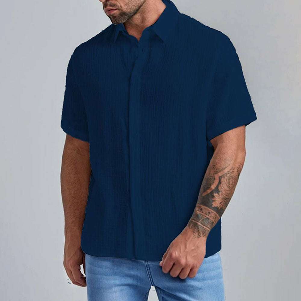 New Men's Slim Lapel Collar Pleated Short Sleeve Shirt New Men's Slim Lapel Collar Pleated Short Sleeve Shirt