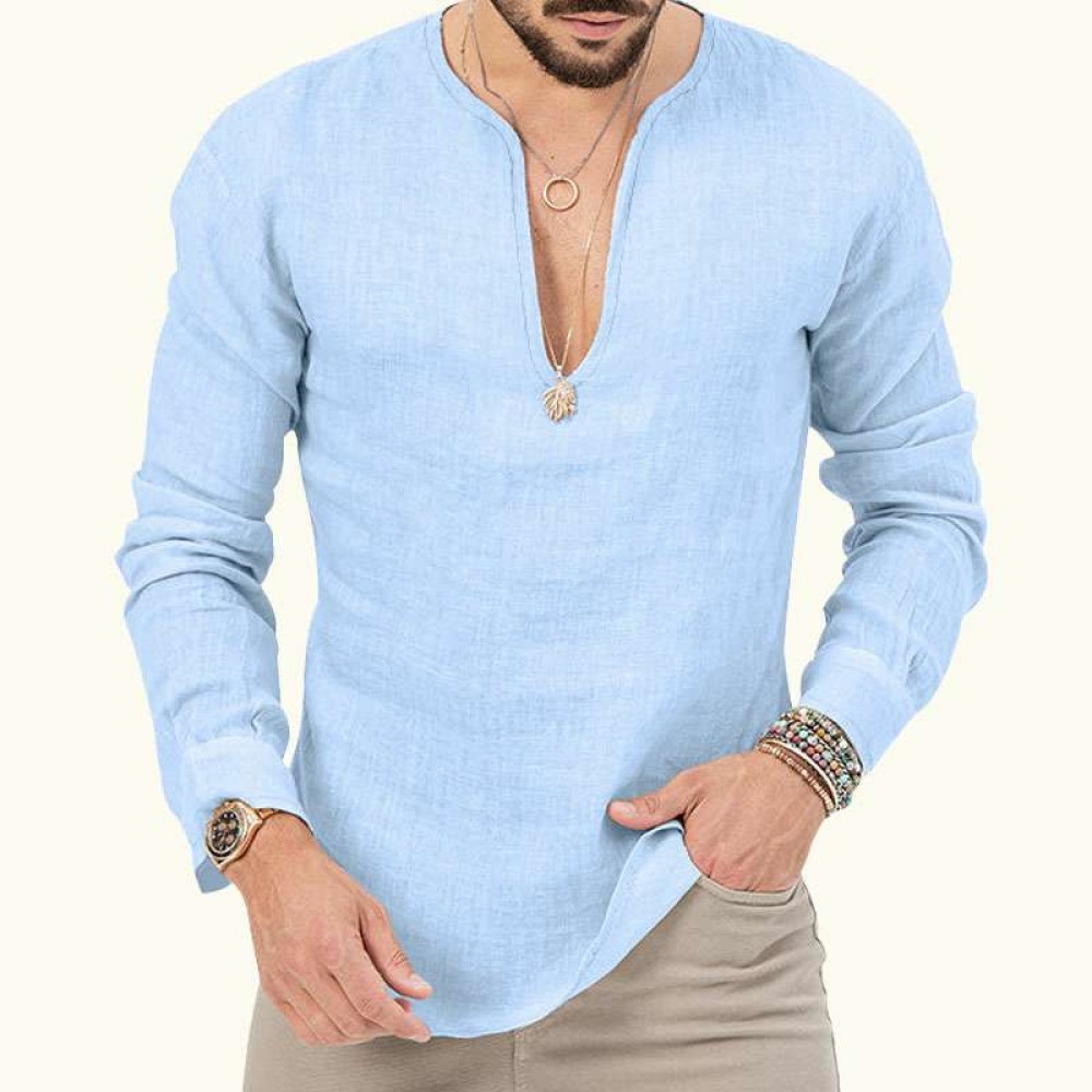 Cotton linen deep v-neck solid color large size long-sleeved T-shirt shirt Cotton linen deep v-neck solid color large size long-sleeved T-shirt shirt