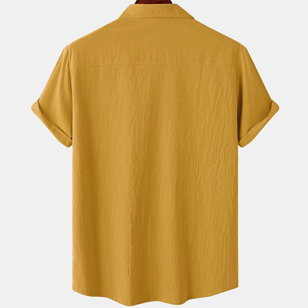 Solid color double pocket linen short sleeve shirt for men Solid color double pocket linen short sleeve shirt for men