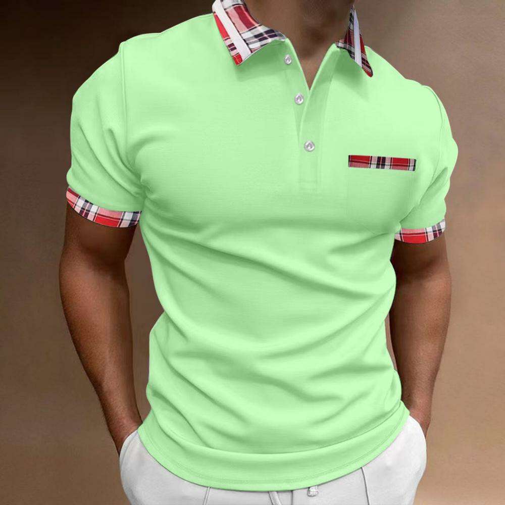 Men's short sleeve polo shirt with check and color block pattern P1043