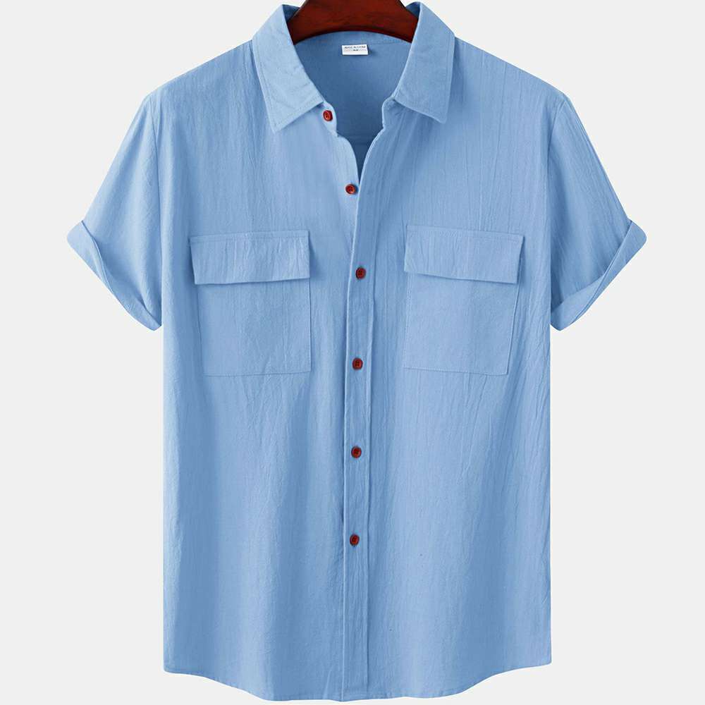 Solid color double pocket linen short sleeve shirt for men Solid color double pocket linen short sleeve shirt for men