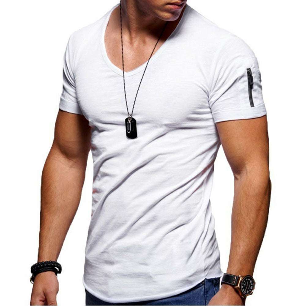 Men's Zipper Short Sleeve V-Neck T-Shirt