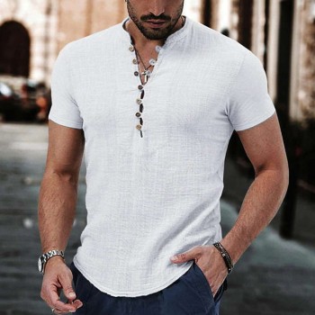 Summer Men's Breathable Linen V-Neck Button Short Sleeve Shirt