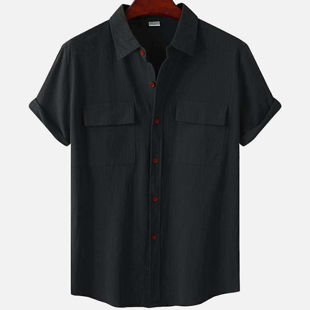 Solid color double pocket linen short sleeve shirt for men Solid color double pocket linen short sleeve shirt for men