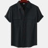 Solid color double pocket linen short sleeve shirt for men Solid color double pocket linen short sleeve shirt for men