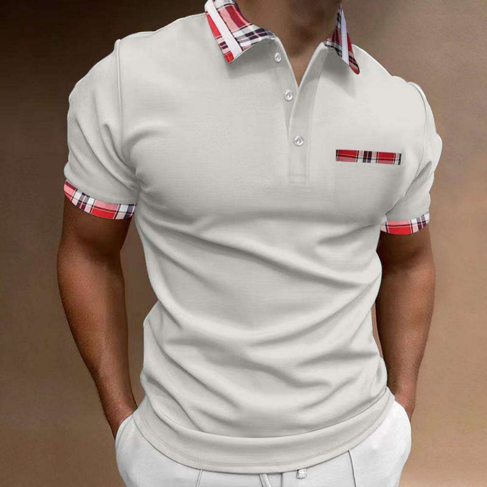 Men's short sleeve polo shirt with check and color block pattern P1043