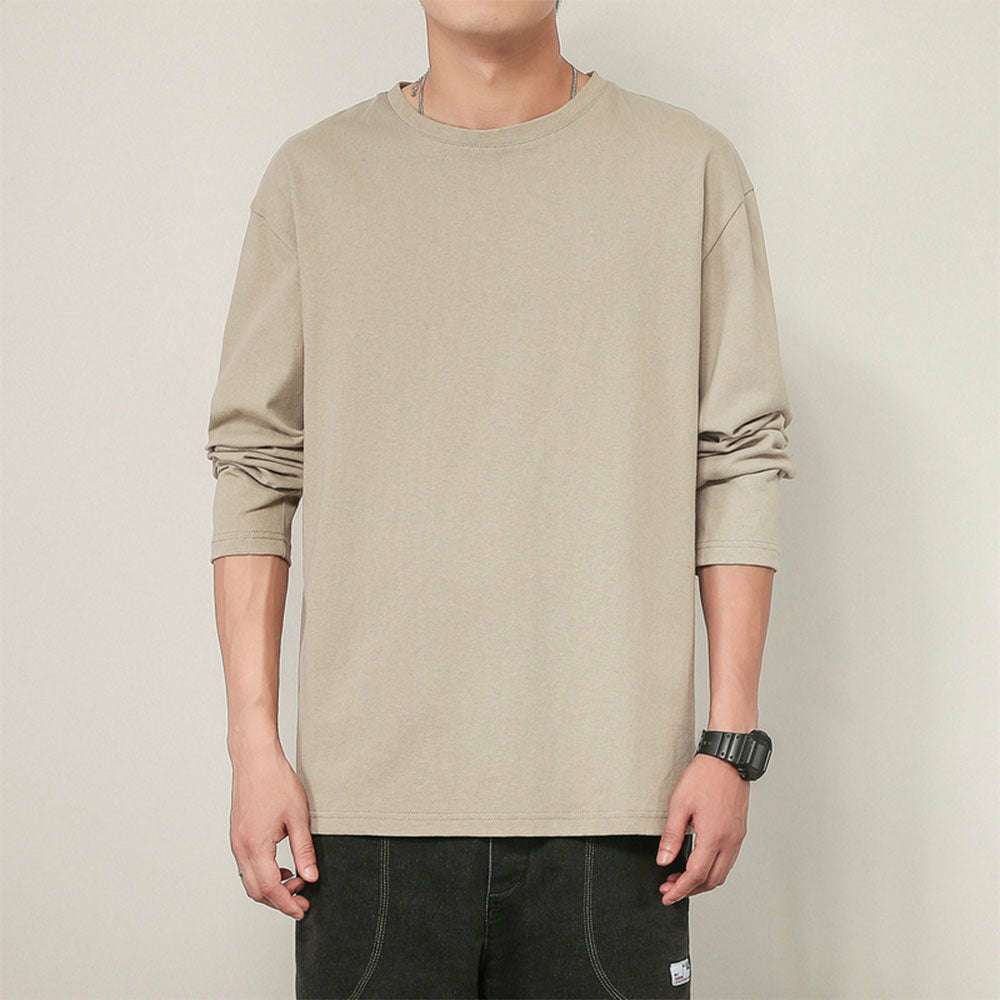 Men's basic solid color cotton round neck loose long-sleeved bottoming shirt