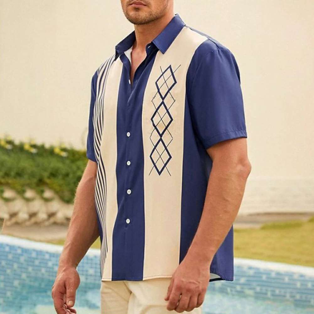Summer new men's lapel striped printed short-sleeved shirt Summer new men's lapel striped printed short-sleeved shirt