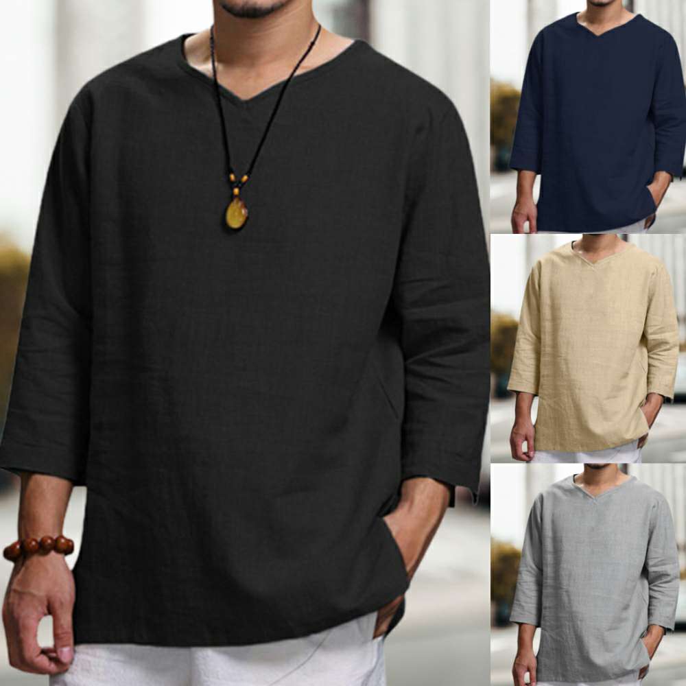 Men's new cotton and linen V-neck long-sleeved loose shirt Men's new cotton and linen V-neck long-sleeved loose shirt