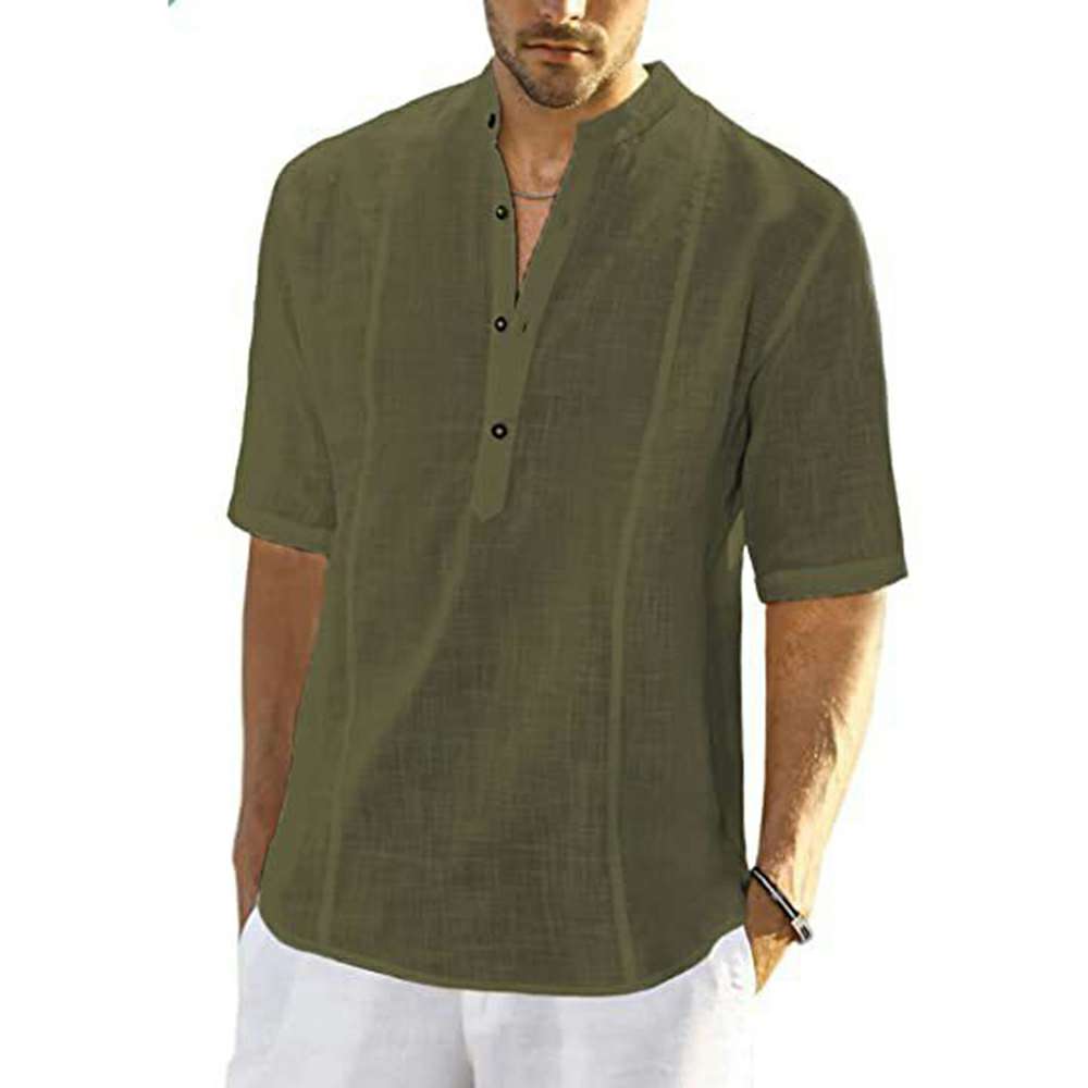 Cotton Linen Stand Collar Button Short Sleeve Shirt P1050 Cotton Linen Stand Collar Button Short Sleeve Shirt P1050