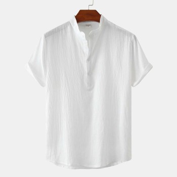 Cotton Linen Stand Collar Casual Short Sleeve Shirt Beach T-Shirt