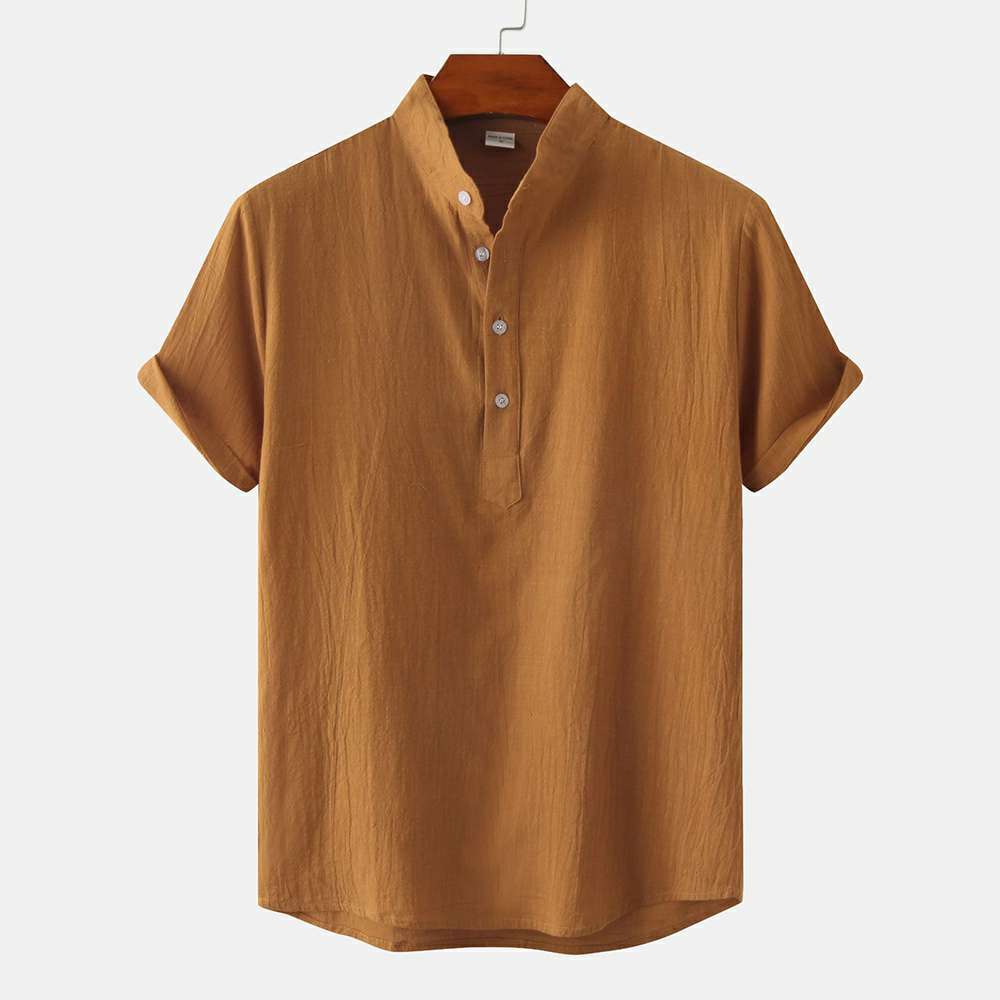 Cotton Linen Stand Collar Casual Short Sleeve Shirt Beach T-Shirt Cotton Linen Stand Collar Casual Short Sleeve Shirt Beach T-Shirt