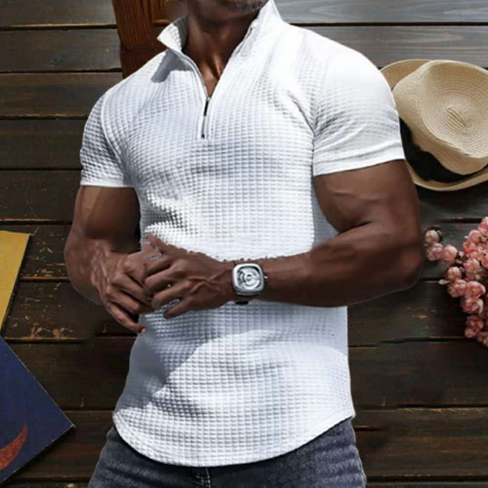 Men's Summer Breathable Solid Color Short Sleeve Zipper Waffle Polo Shirt P1104 Men's Summer Breathable Solid Color Short Sleeve Zipper Waffle Polo Shirt P1104