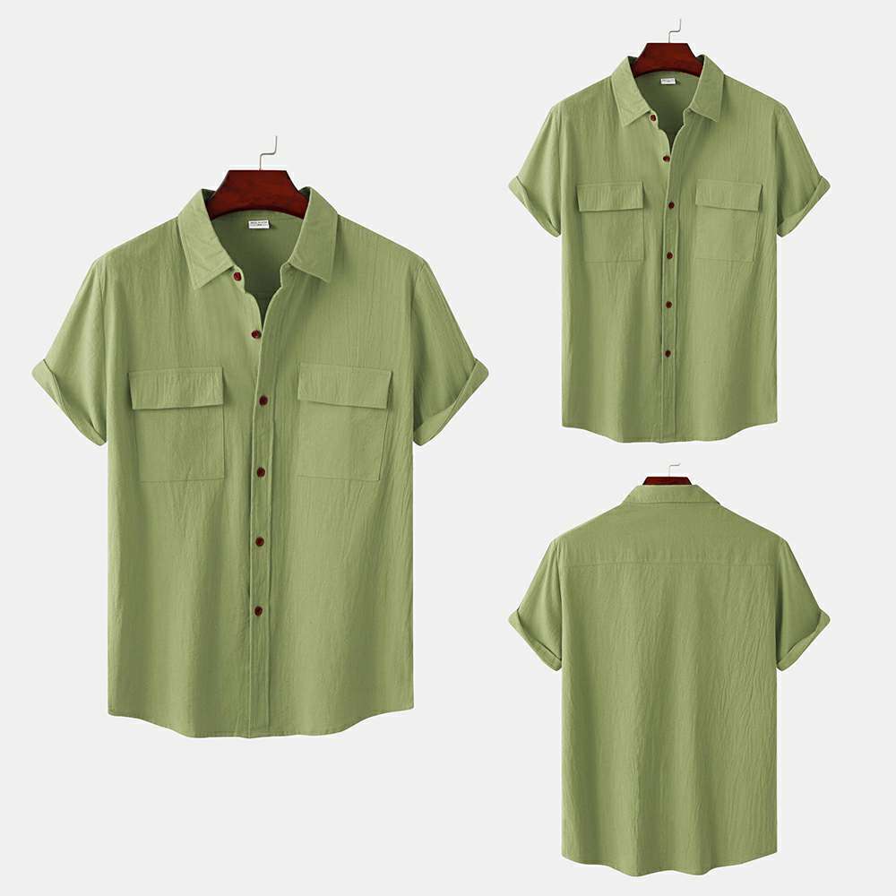 Solid color double pocket linen short sleeve shirt for men Solid color double pocket linen short sleeve shirt for men