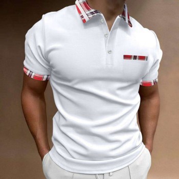 Men's short sleeve polo shirt with check and color block pattern P1136