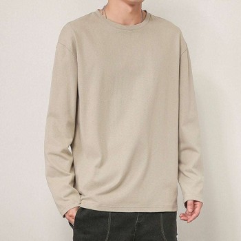 Men's basic solid color cotton round neck loose long-sleeved bottoming shirt