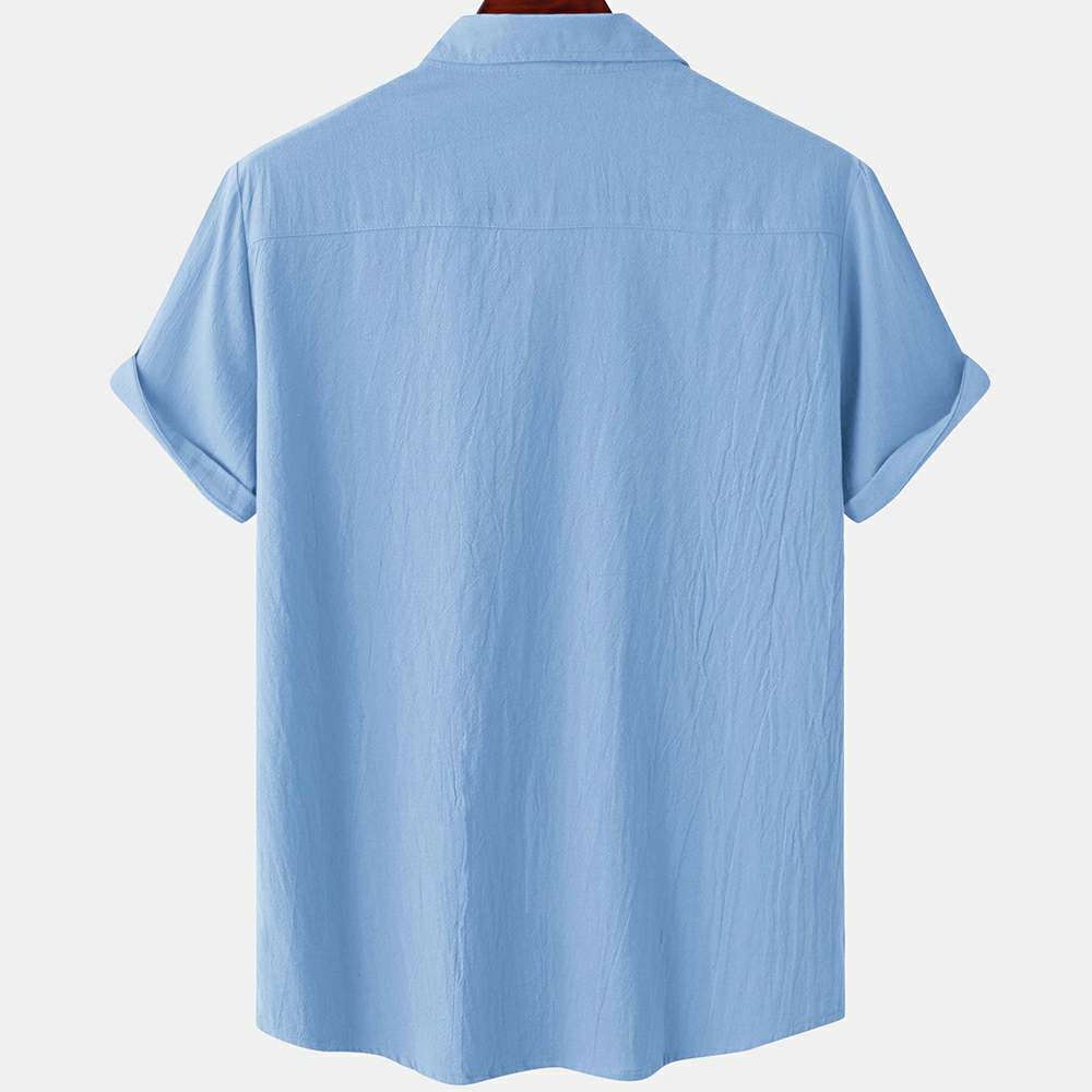 Solid color double pocket linen short sleeve shirt for men Solid color double pocket linen short sleeve shirt for men