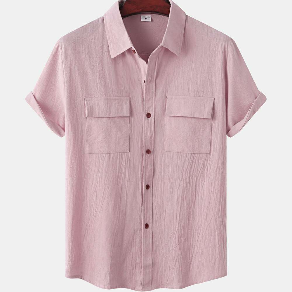 Solid color double pocket linen short sleeve shirt for men Solid color double pocket linen short sleeve shirt for men