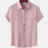 Solid color double pocket linen short sleeve shirt for men Solid color double pocket linen short sleeve shirt for men