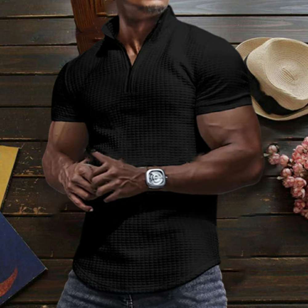 Men's Summer Breathable Solid Color Short Sleeve Zipper Waffle Polo Shirt P1104 Men's Summer Breathable Solid Color Short Sleeve Zipper Waffle Polo Shirt P1104