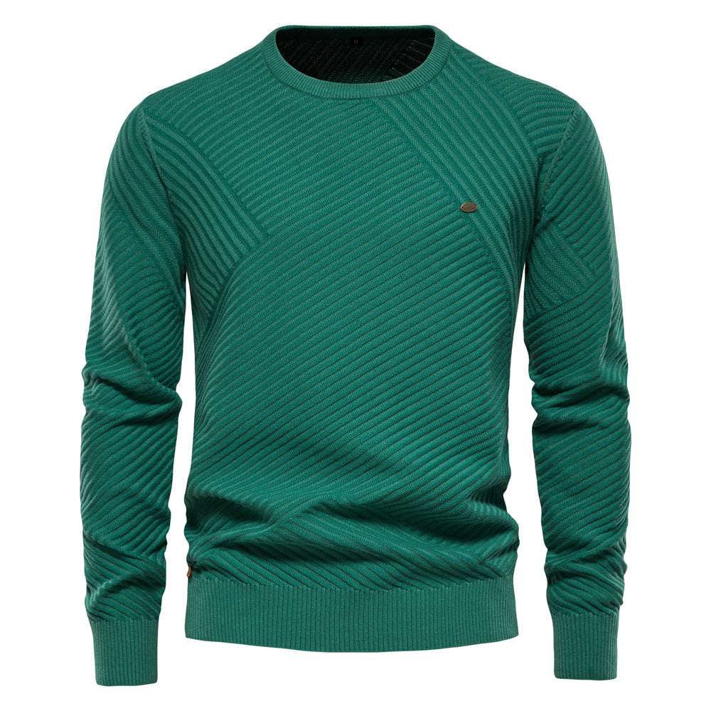 Autumn and winter new men's solid color striped pullover sweater