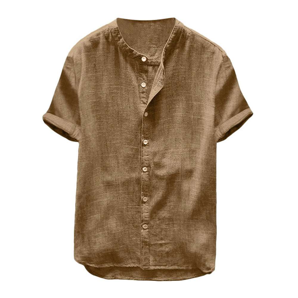 Men's stand collar short sleeve cotton linen shirt