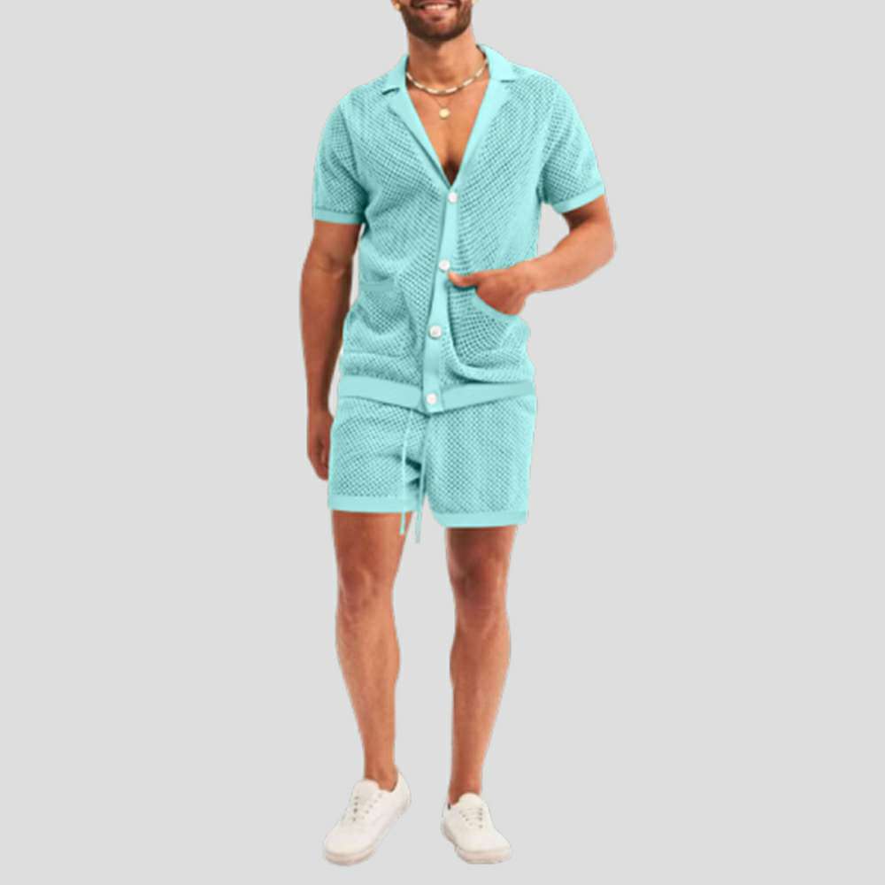 Summer new men's hollow icy breathable casual thin short-sleeved shorts suit Summer new men's hollow icy breathable casual thin short-sleeved shorts suit