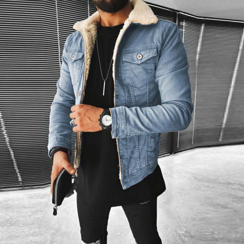 New winter lambswool style thickened denim jacket for men
