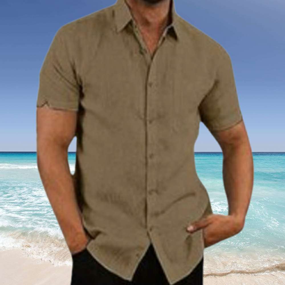 Men's New Solid Color Lapel Button Short Sleeve Shirt