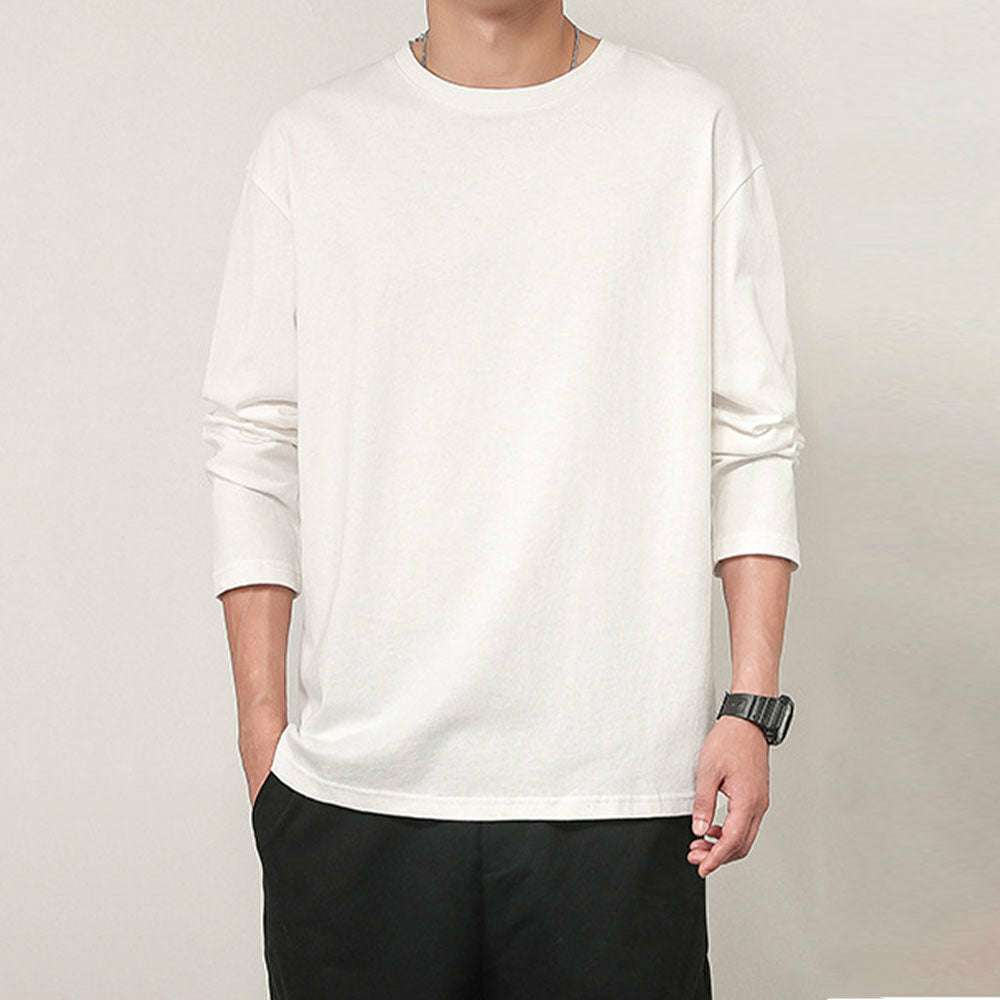 Men's basic solid color cotton round neck loose long-sleeved bottoming shirt