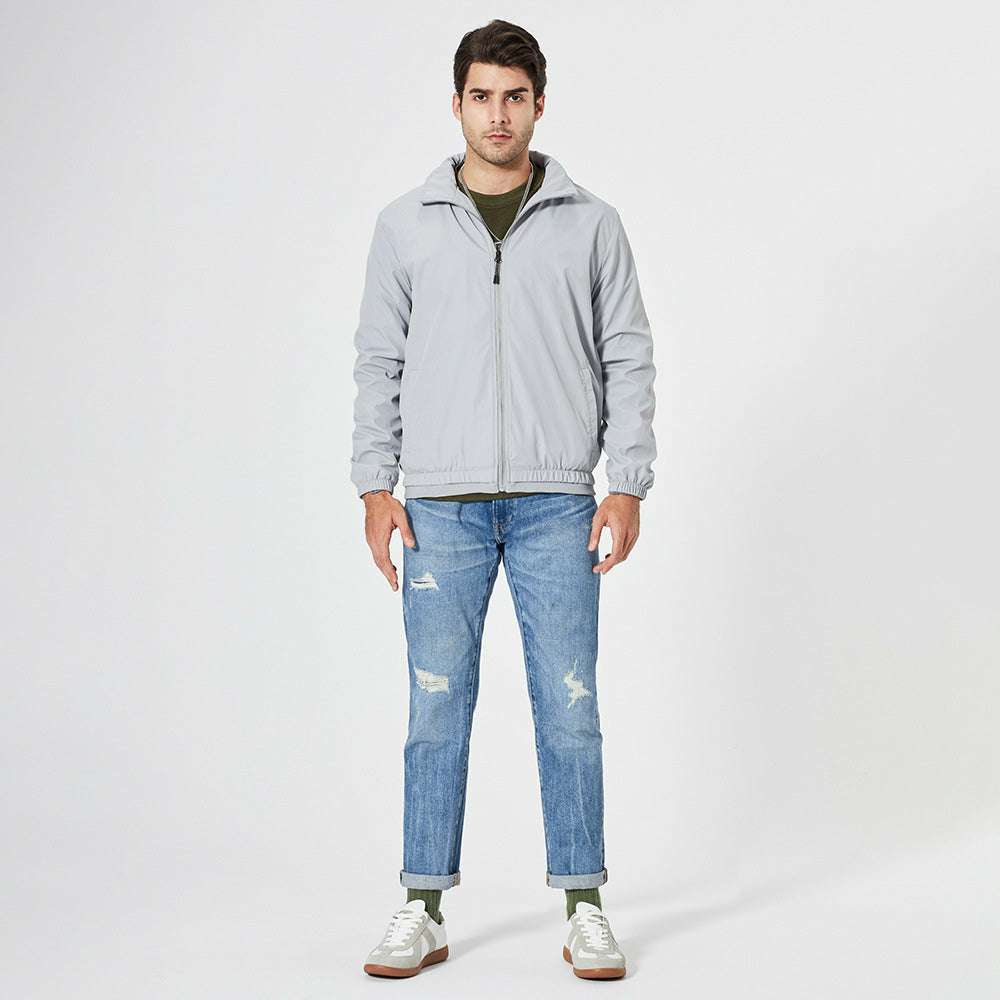 Men's Solid Color Stand Collar Hooded Jacket