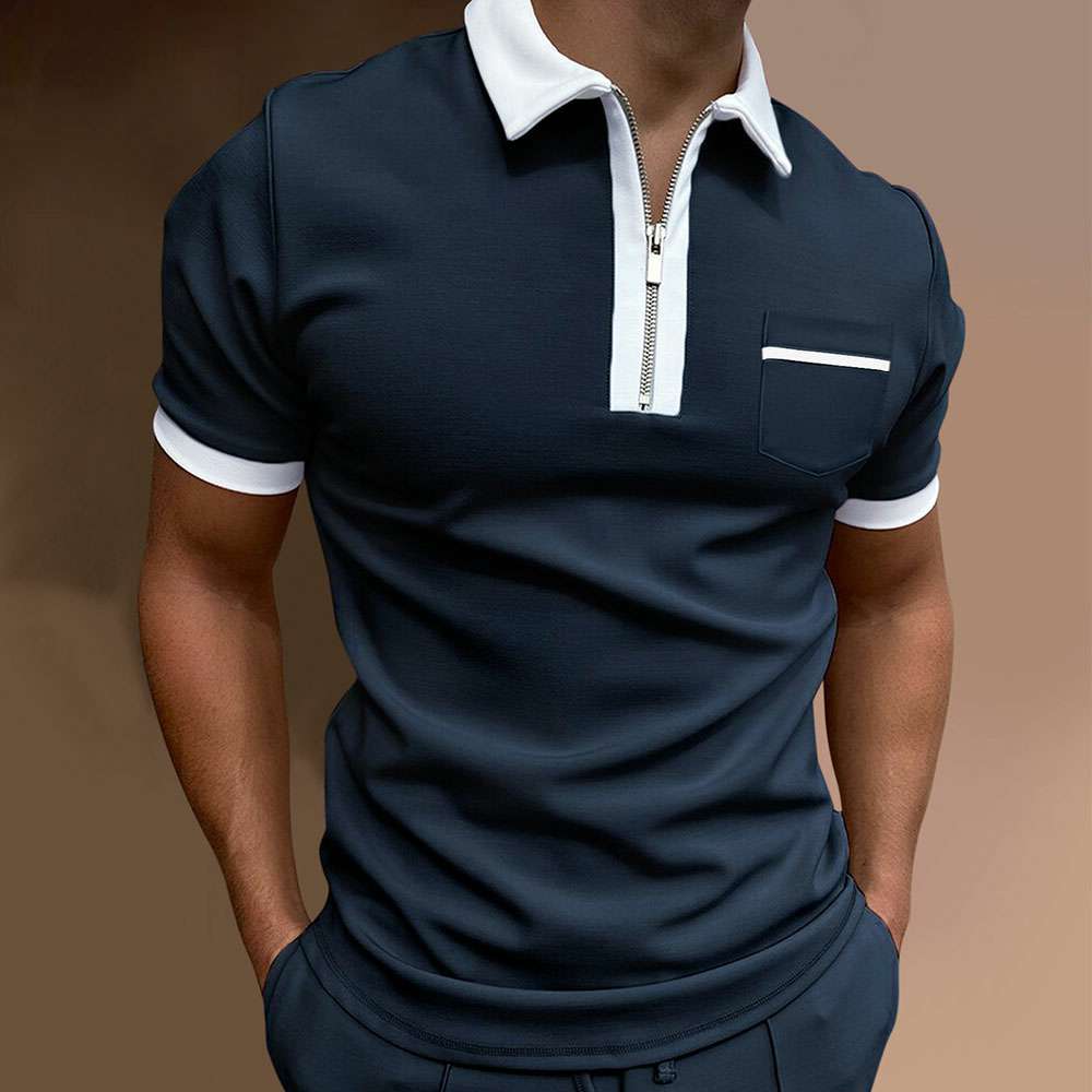 Fashion men's color block zip collar short sleeve polo shirt P1132 Fashion men's color block zip collar short sleeve polo shirt P1132